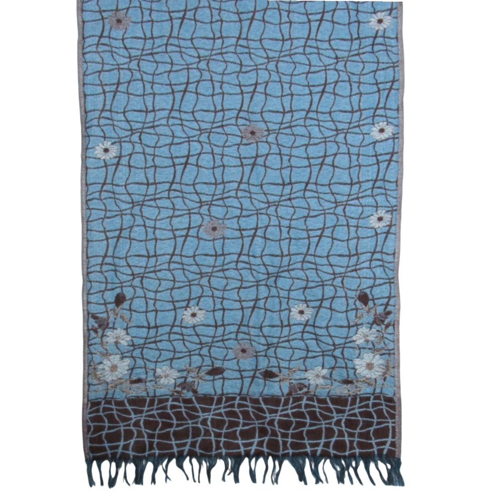 JULIANA COLLEZIONE Blue/Brown WOOL & SILK Fringe Hem SCARF/NECK TIE/WRAP